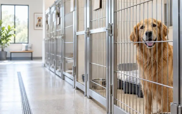 A golden retriever looking out through the gate of a clean boarding run along a bright corridor.
