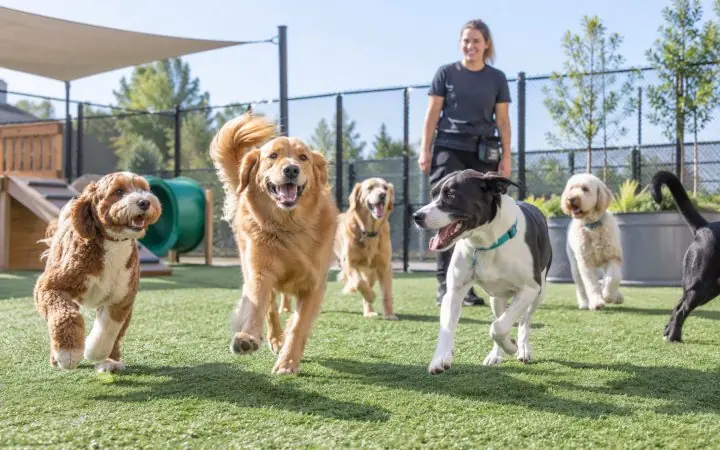Five dogs running across the grass of a daycare yard while a member of staff watches.