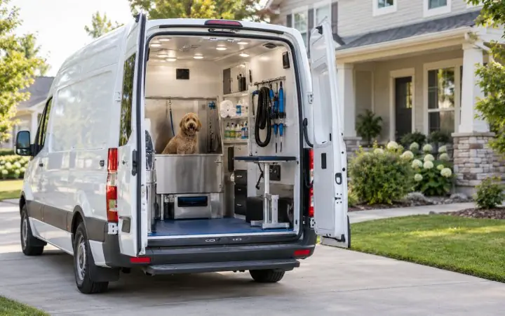 A white grooming van in a driveway with its back doors open, a small dog waiting on the table inside.