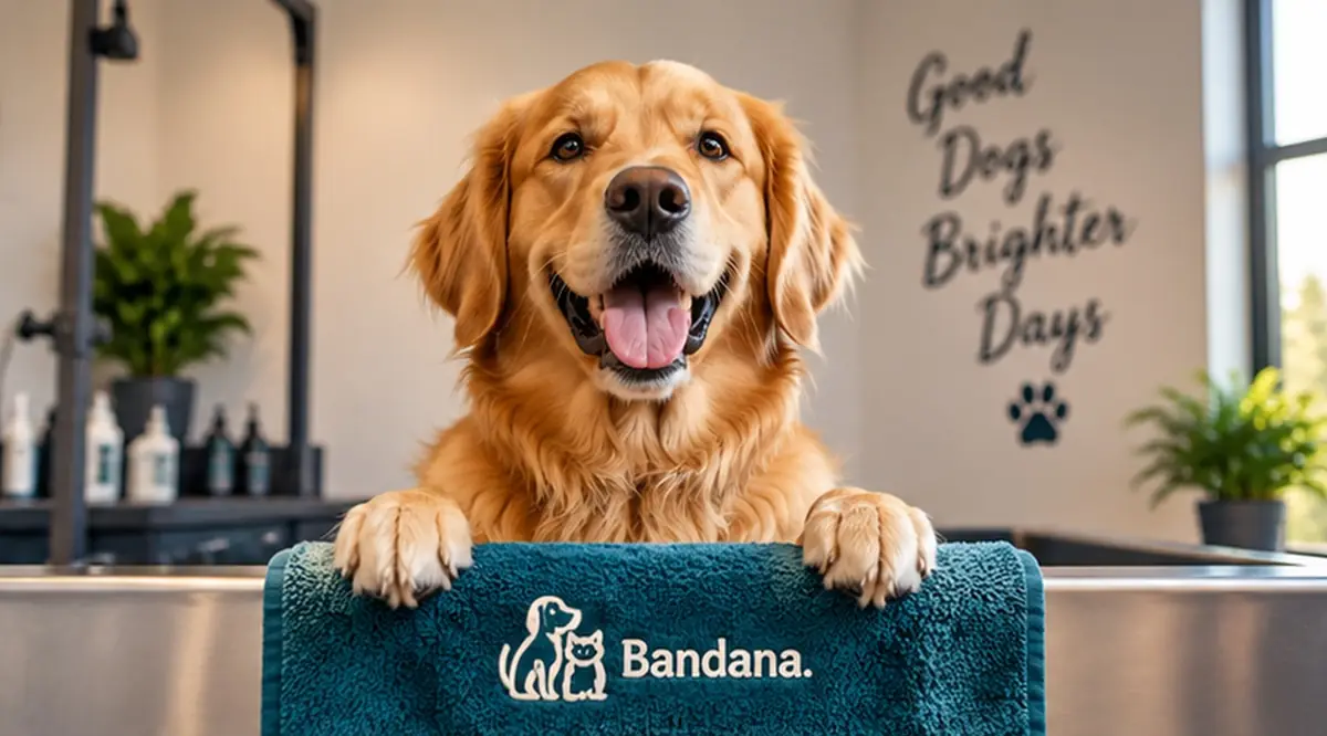 A smiling golden retriever resting its front paws on a teal Bandana towel, under a salon wall lettered Good Dogs Brighter Days.
