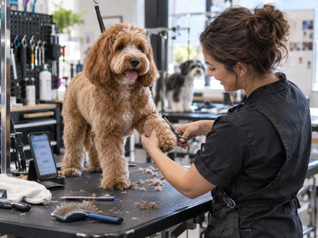 Dog on the table, mid-groom