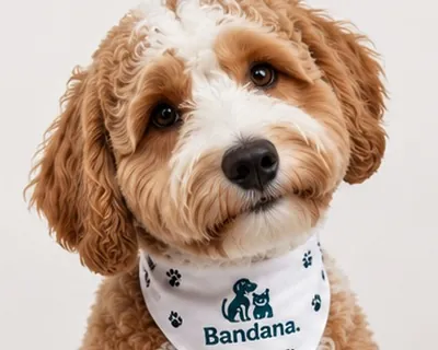 Biscuit after the groom: a cream and apricot doodle in a Bandana-print bandana.