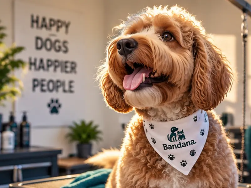 A curly-coated doodle in a white Bandana-print bandana, looking up from a grooming table.