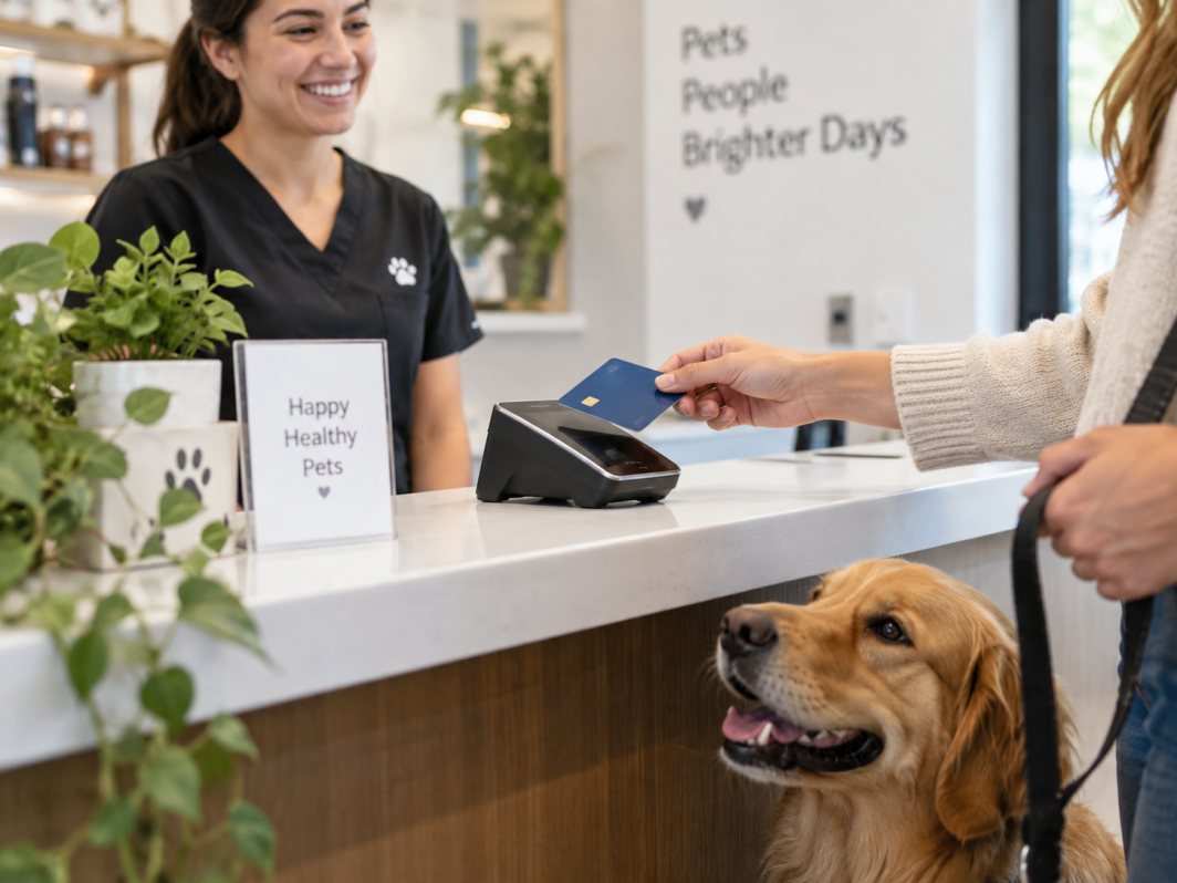 Card reader on the front desk, owner tapping to pay at pickup