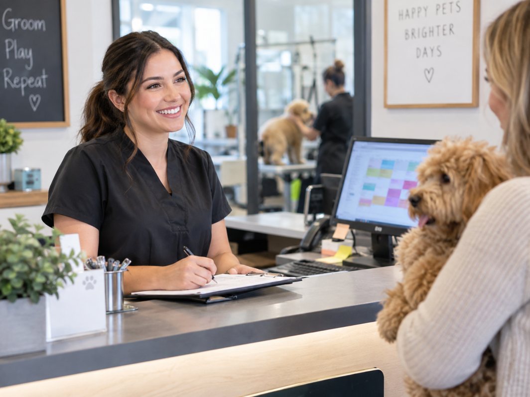 Front desk screen showing a full Saturday, groomer at the counter